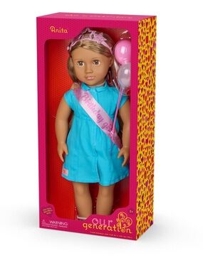 Our generation Anita Birthday Girl Doll in Turquoise Dress with Pink Sash